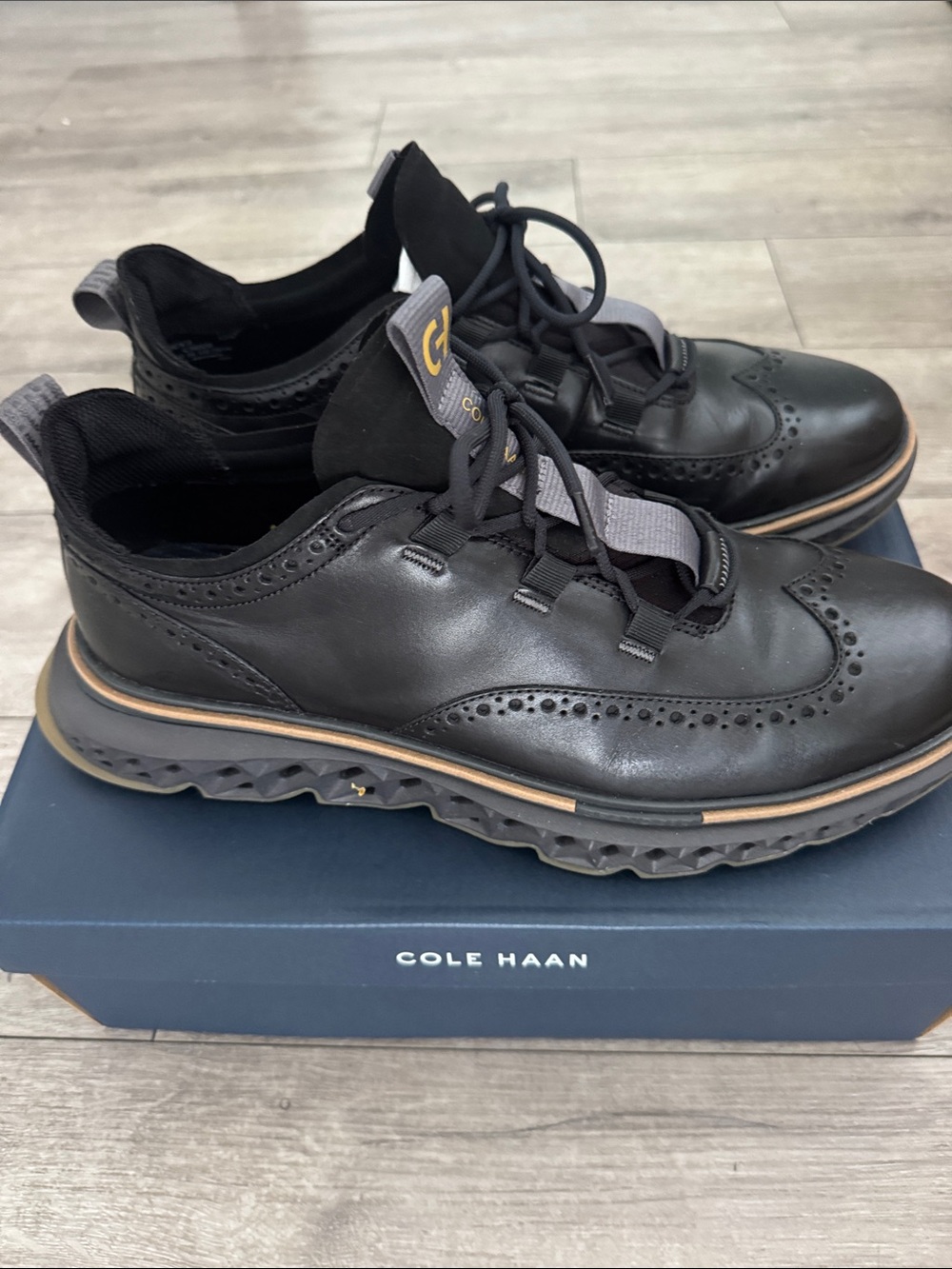 Cole Haan Black Leather Wingtip Derbys with Tan Outsole - Picture 2 of 4